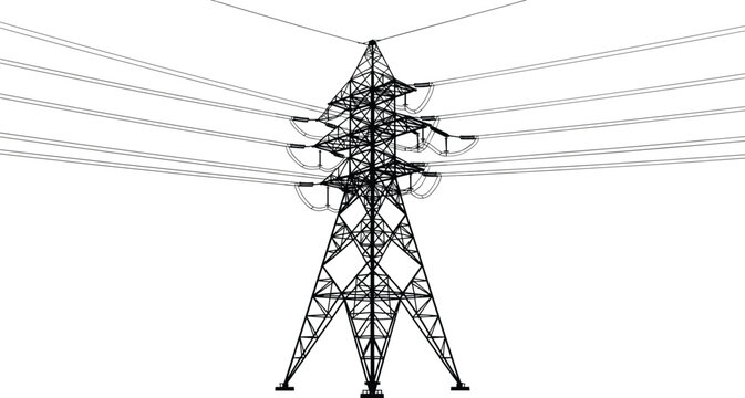 Electric Power Transmission Tower Vector Illustration with High Voltage Lines Industrial Infrastructure Design for Energy Supply and Electrical Engineering