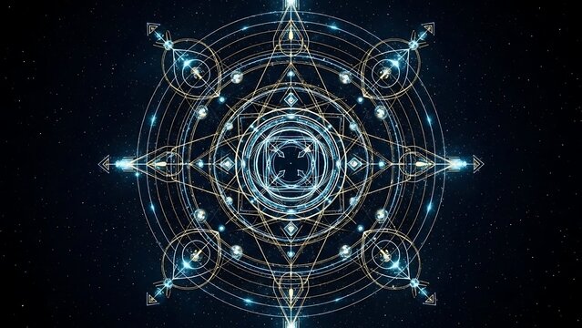 Glowing blue geometric mandala design pattern.