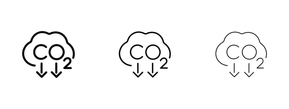 Carbon dioxide reduction icons set, CO2 emissions cloud with downward arrows, minimalist line art vector symbols for climate change and ecology
