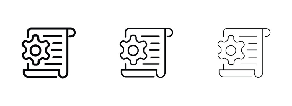 Technical documentation line icon set, gear and document symbols in three stroke weights, manual and instruction vector graphics for software development