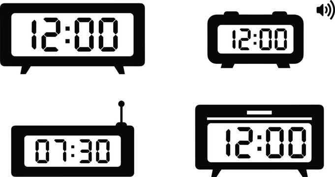 Digital alarm clock icons set with electronic time display, wake up timer and schedule symbols for modern timekeeping design concepts