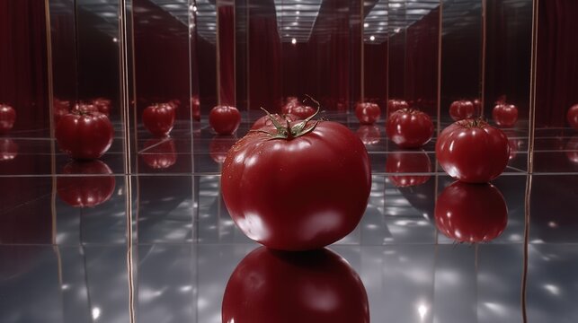 Fresh red tomatoes reflected in a dark infinity mirror studio room