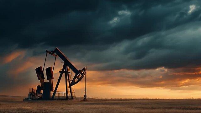 Oil pump jack working in vast golden field under dramatic storm clouds during sunset showing industrial energy production process with heavy machinery moving rhythmically in cinematic footage.