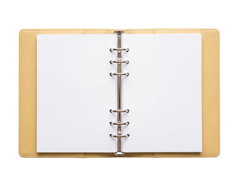 Open blank notebook with wooden cover and metal binder rings isolated on white background writing pad ring binder office supplies school supplies blank pages photo album bound book notebook