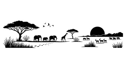 Obraz premium African Safari Silhouette: Elephants, Giraffe, Antelopes at Sunset