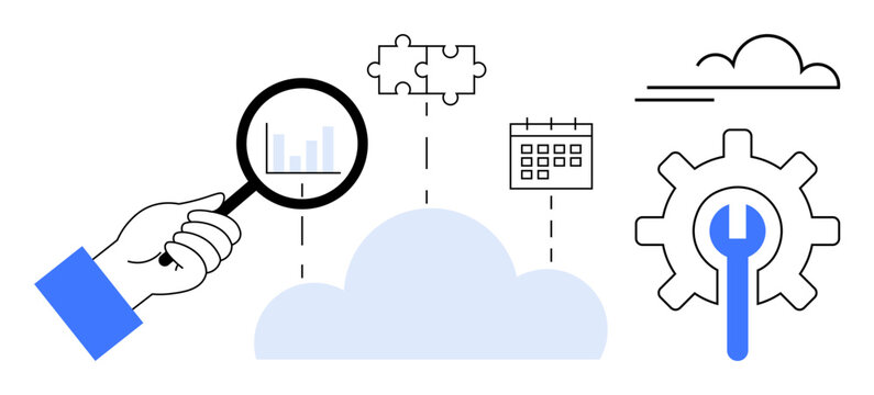 Data analysis, cloud computing, technology integration, workflow management, software solutions, problem-solving. A hand holding a magnifying glass over cloud and tech icons. Data analysis and cloud