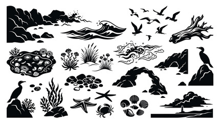Fototapeta premium Black White Sea Life and Coastal Elements Vector Art