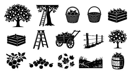 Fototapeta premium Farming Food Industry: Black White Apple Harvest Orchard Glyph Set