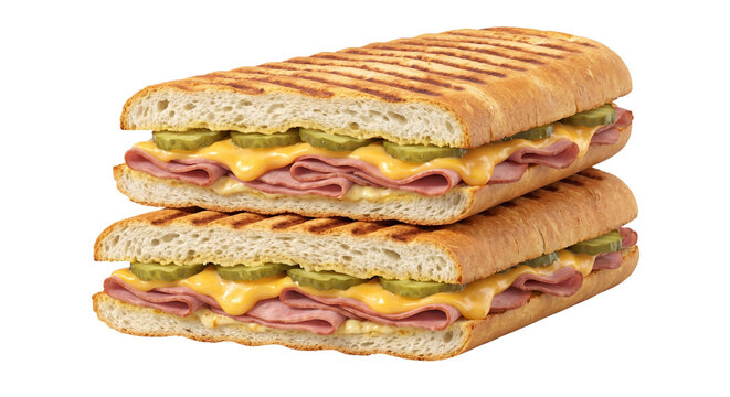 Delicious Stacked Cuban Sandwich with Ham, Cheese, and Pickles on White Background