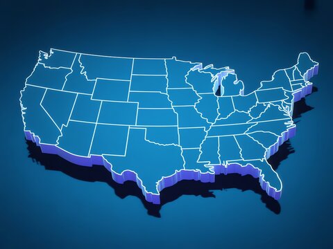 3D glowing blue map outline of United States of America states with borders and reflections