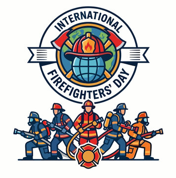International Firefighters Day Vector Emblem and Heroes Team Silhouette Fighting Fire