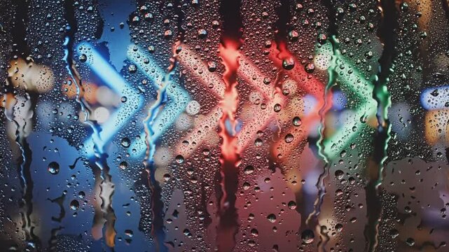 Neon arrows shine through fogged window at night in city location with rain