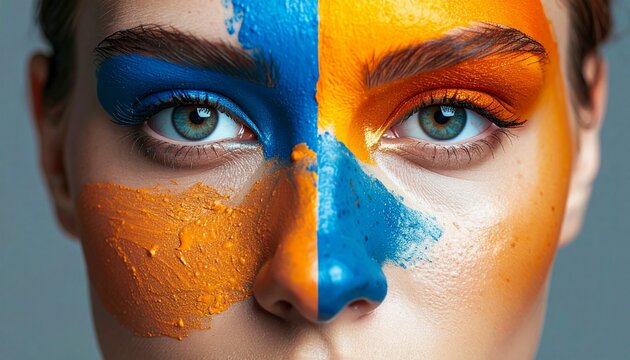 Vibrant Dual-Tone Artistic Face Painting Highlighting Expressive Human Beauty