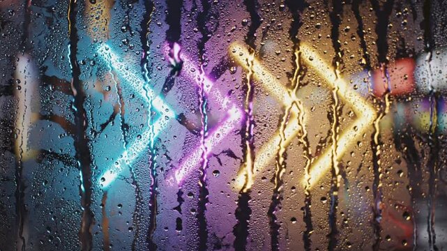 Bright neon arrows shine through a fogged window at night in a busy city setting with rain in the air