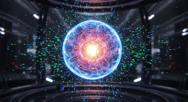 Energetic plasma ball with particles in futuristic chamber energy core power source energy field glowing orb 3D render energy explosion