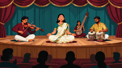 a traditional Carnatic music performance in a sabha hall, central vocalist in silk saree seated cross-legged in perfect posture with eyes closed in musical devotion © Animasi