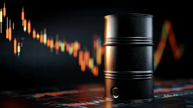 Black oil barrel stands prominently on a table, with a dynamic background of abstract financial graphs and charts continuously shifting, illustrating market fluctuations and economic trends.