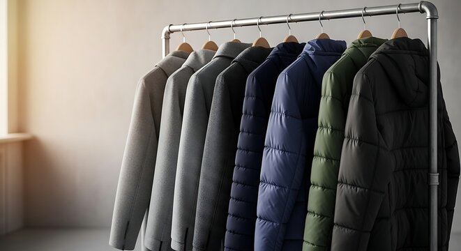 Collection of Mens Outerwear Hanging on a Rack.