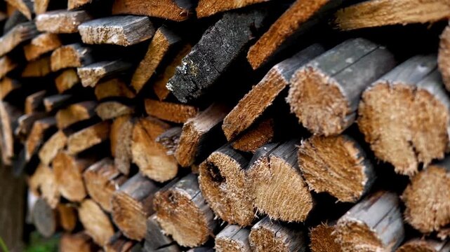 neatly onto one eachother warm dark typical brown wood color stacked wood Firewood texture background Preparation of firewood for the winter.