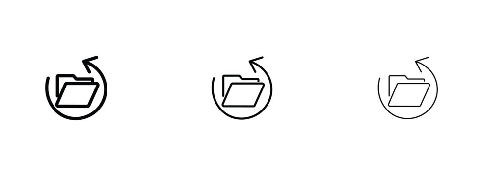 Minimalist folder sync icons with circular arrows, black line art file directory update symbols, set of 3 vector UI elements for data backup