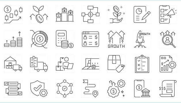 Asset Management related editable stroke line icons set.