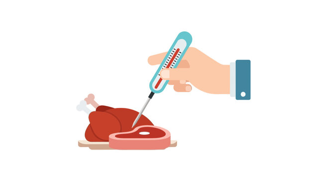 Meat thermometer checking cooked chicken and steak