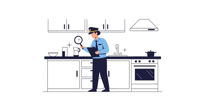 Detective inspects kitchen with magnifying glass