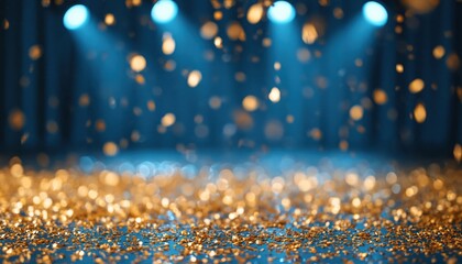 Naklejka premium Celebration and achievement backdrop golden confetti falling on stage with blue lighting awards ceremony festive mood. High quality photo