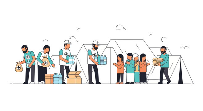 Aid workers distribute supplies to refugees