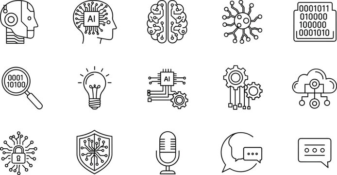 AI technology line icons set vector illustration with neural brain machine learning data security cloud and communication elements