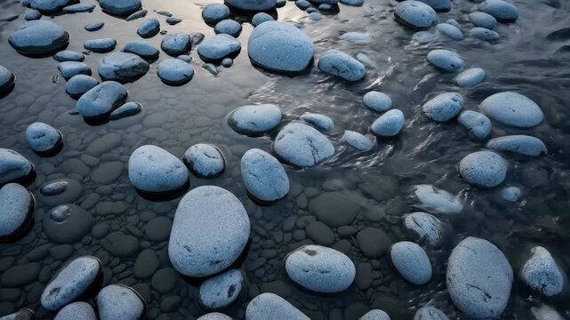 Smooth river stones on wet surface abstract nature background