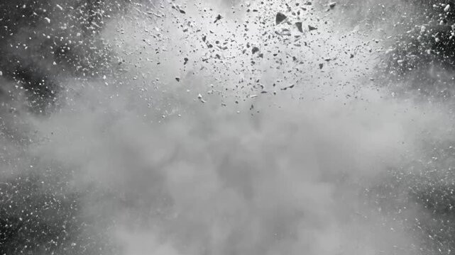 White flour explosion captured against black background showing dust and particles spreading in all directions