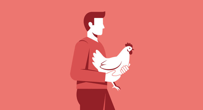 Man holding chicken against red background minimalist flat vector illustration