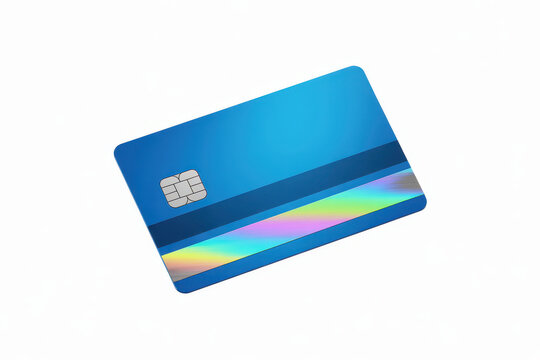 Blank blue credit card with holographic security stripe and emv chip on white background