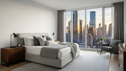 Fototapeta premium Modern bedroom with city skyline view.