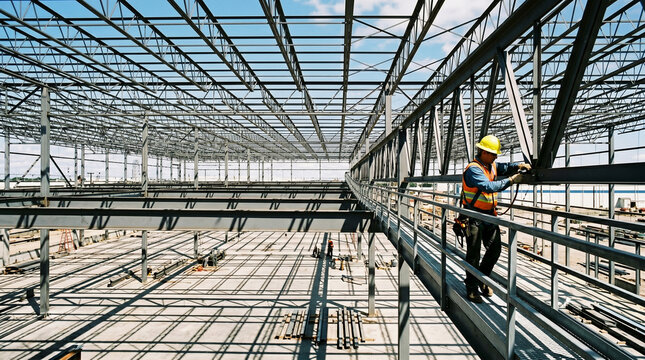 Professional Construction Worker in Safety Gear Working on a Large Scale Steel Frame Building Structure Under a Clear Blue Sky at an Industrial Site