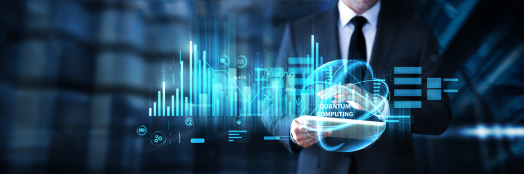Businessman using tablet for quantum computing data and network analysis, processing advanced computations, analyzing complex algorithms, and supporting next-generation technological innovation.