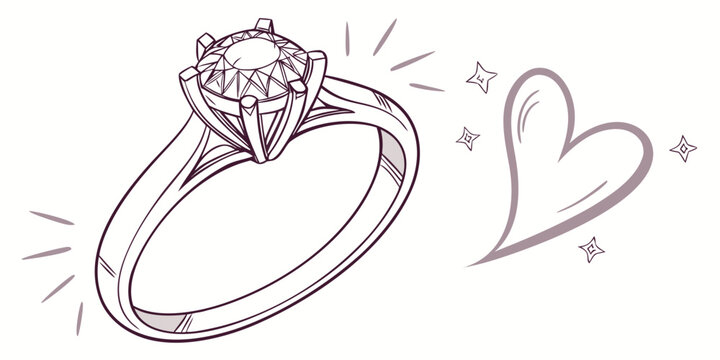 Hand drawn solitaire diamond ring graphic with heart and sparkle details for romantic wedding designs engagement illustration solitaire handdrawn proposal marriage gemstone anniversary