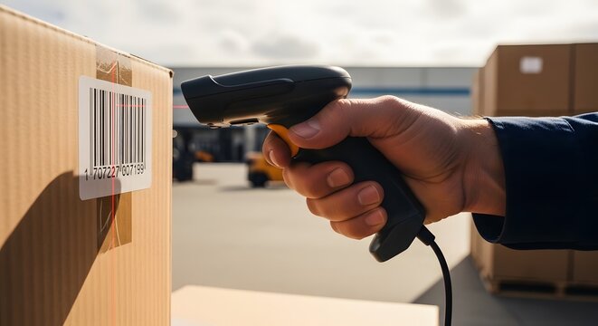 Worker scanning barcode on cardboard box at industrial loading dock