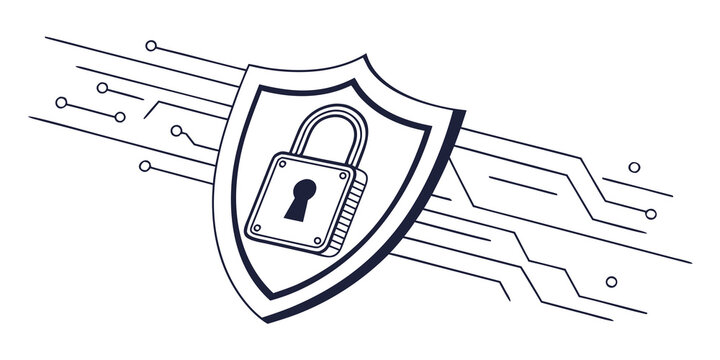 Cybersecurity digital shield icon with lock and circuit board lines hand drawn cybersecurity security technology protection internet computer information encryption software business