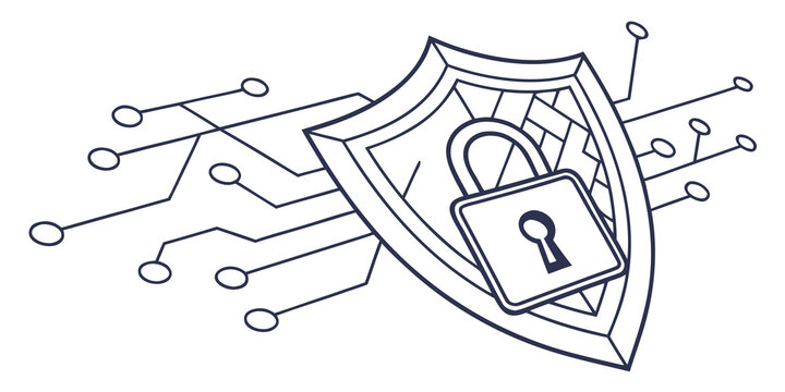 Cyber protection shield with padlock and digital network circuitry illustration protection security cybersecurity technology encryption internet computing password information software