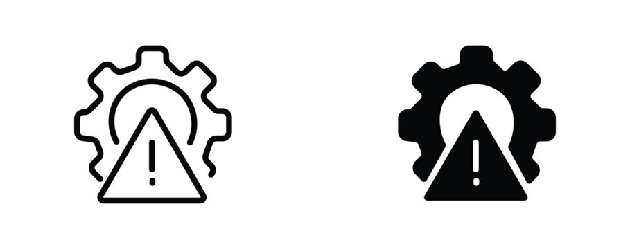 Technical system error icons, gear with warning triangle symbol, industrial maintenance alert signs, black outline and solid vector set