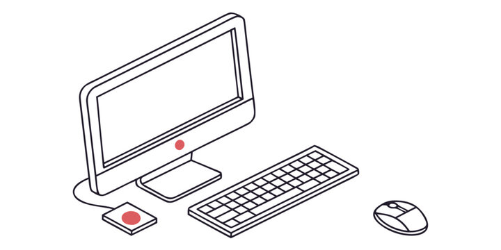 Isometric computer setup with desktop monitor keyboard mouse and external device computer isometric keyboard technology workspace illustration business hardware connection workplace
