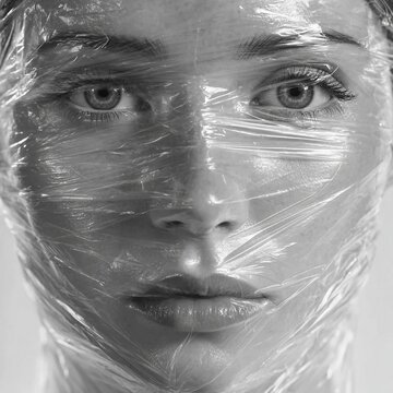 black and white, portrait, close-up, face, plastic wrap, transparency, texture, skin detail, eyes, surreal, conceptual, beauty, tension, suffocation concept, glossy surface, minimalism, experimental