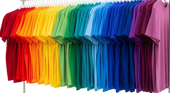 Vibrant Rainbow of T-Shirts Hanging on Display Rack.