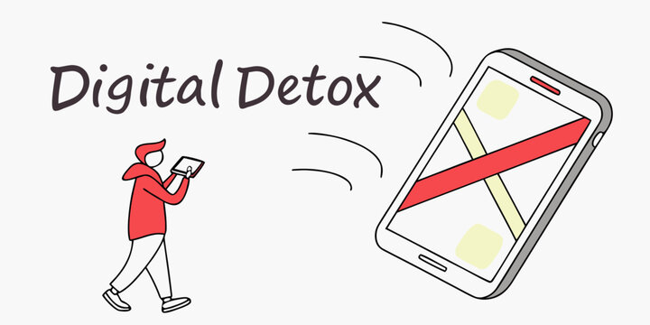 Digital detox concept with person using smartphone technology unplugged distraction lifestyle connectivity internet wellness scrolling addiction communication illustration