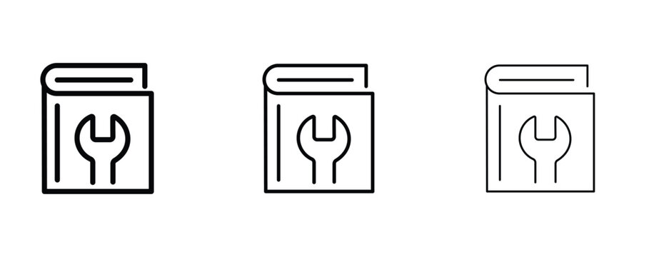 Minimalist user manual icons, technical documentation book with wrench symbol, set of 3 line art instruction guides in different stroke weights