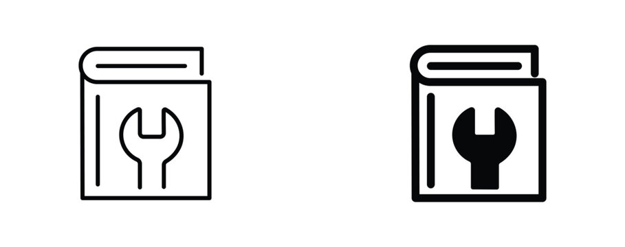 Technical manual book icons with wrench symbol, user guide vector set, instruction handbook and repair documentation graphics for support
