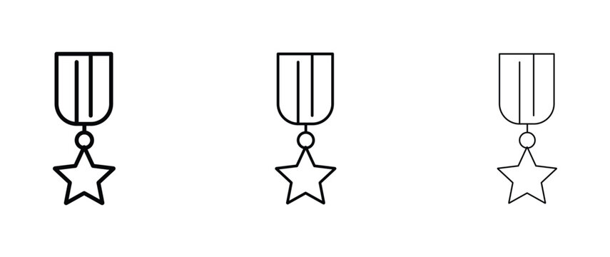Minimalist star medal icon set, black outline military award vector, achievement and honor symbols with varying line weights for UI design