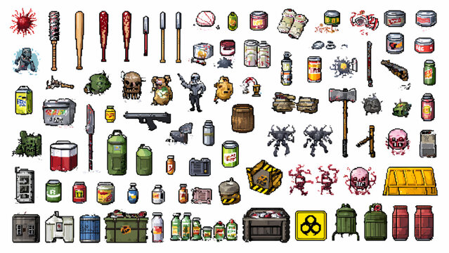 Survival items including baseball bats, canned goods, and tactical gear are arranged in a flat lay collection on a white background.